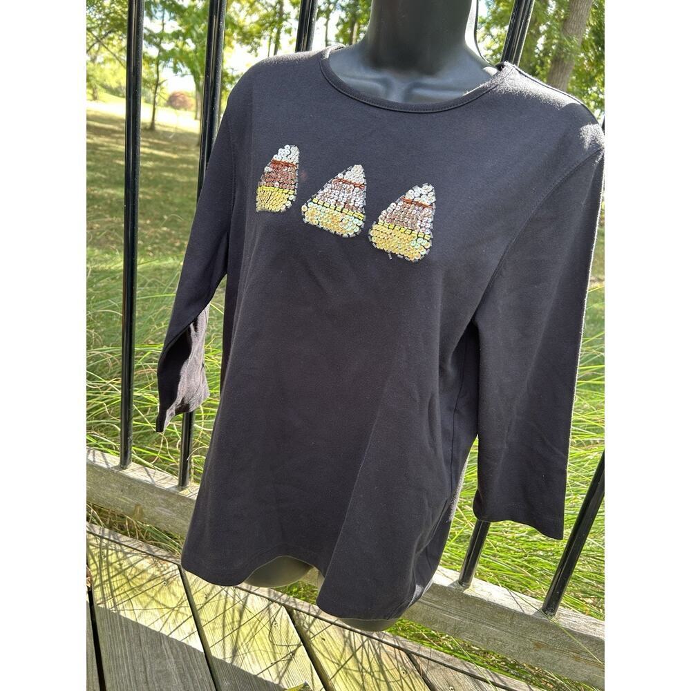Vintage Hampshire Studio Halloween Candy Corn Sequined Teacher Shirt Long Large